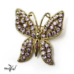 Vintage Pink Lilac Rhinestone Winged Butterfly 2" Pin Brooch Open Work - Hey Viv